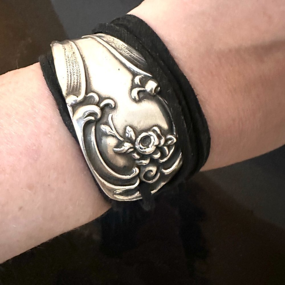 Sterling Silver Leather Cuff Bracelet Tie Wrap Yoga Antique 925 Boho Gift Suede - Picture 4 of 10
